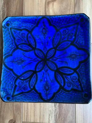 Moroccan Handmade Hand Painted Pottery 9" Square Cobalt Blue Decorative Plate  - Image 1 of 4