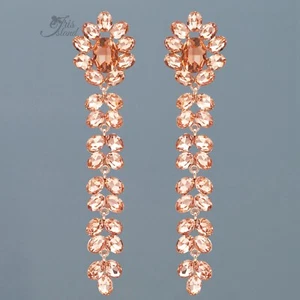 Long Dangle Earrings Women Peach Pink Crystal Rhinestone Gold Plated Pageant 186 - Picture 1 of 4