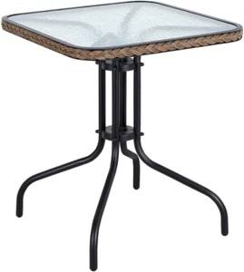 Indoor Outdoor 28" Square Tempered Glass Metal Restaurant Table Brown Rattan Tri - Picture 1 of 5