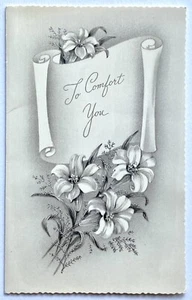 c1965 Sympathy Comfort Greeting Card Gray with Lily Flowers and Silver Glitter - Picture 1 of 3