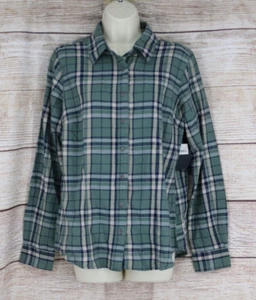 Noble Outfitters Womens Size Large Button Up Plaid Shirt Sage Green Navy Blue - Picture 1 of 8