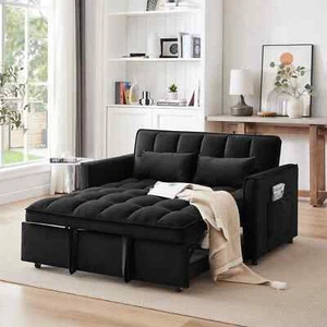 3-in-1 Convertible Futon Sofa Bed 2 Seater Velvet Pull Out Couch Bed Loveseat - Picture 1 of 11