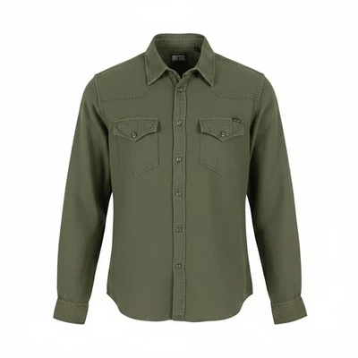 DIESEL S-East-Long-Lin Mens Shirt XL Olive Green Linen Buttoned RRP175 * - Image 1 of 4