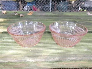 2 Vintage Depression Era Jeannette 1930's Small Pink Glass Ribbed Bowls - Picture 1 of 8