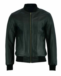Men's Black Bomber Varsity Jacket Real Sheepskin Soft Leather Outerwear - Picture 1 of 3