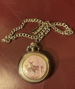 Vintage Standing Buck Deer & Doe In Woods Pocket Watch W/Chain New Battery Works - Picture 1 of 8