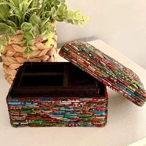 Indian Glass Bangle Bead Mosaic Trinket Jewelry Keepsake Box Removable Kid Lined - Picture 1 of 20