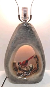 MCM Ceramic Table Lamp Cardinal Bird Sitting Tree Trunk Dbl Light 24"T No Shade - Picture 1 of 17