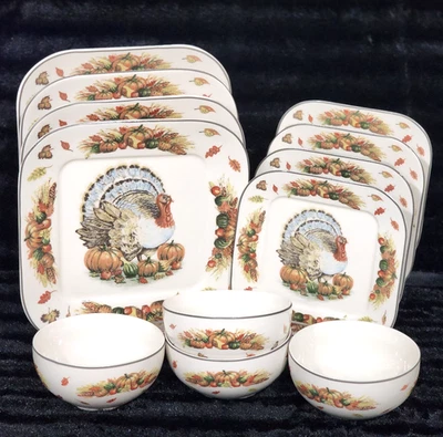 12pc Set FRANKLIN TURKEY Square Dinner Salad Plates Bowls Thanksgiving 222 Fifth - Image 1 of 4