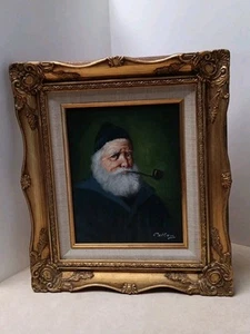 David Pelbam Framed Oil Painting on Canvas Bearded Man With Pipe Vintage - Picture 1 of 17