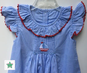 NWT Smocked Girls Dress Sailboat Boat Blue Gingham July 4th FREE SHIPPING - Picture 1 of 4