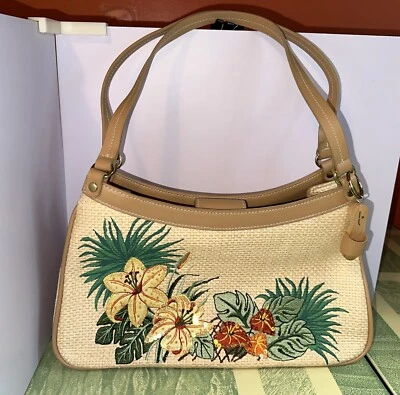 Cartera de Colección Años 2000 Etienne Aigner Tropicana Paja Bordada Floral Secuencia Vaca Foto 1 de 4