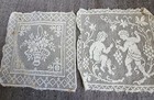 2 Antique Ivory Off White Filet Lace Doilies Delicate Samples Cherubs & Flowers
