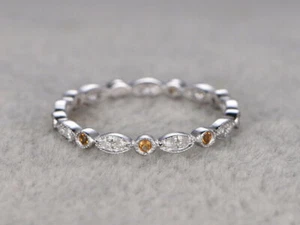 1ct Natural Citrine Wed Band Milgrain Vintage-Inspired 100% 14k SOLID White Gold - Picture 1 of 8