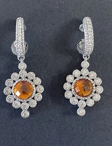 Judith Ripka Sterling Silver 925 Checkerboard Cut Citrine CZ Dangle Earringsclip - Picture 1 of 3