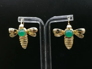 orecchini gioiello donna argento 925 placcato oro ape con giada verde unico - Foto 1 di 9
