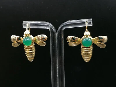 orecchini gioiello donna argento 925 placcato oro ape con giada verde unico - Immagine 1 di 4