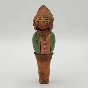 Vtg Hand Carved Painted Wood Mechanical Opens Mouth Cork Bottle Stopper Italy - Picture 1 of 8