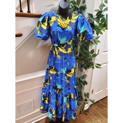 Vestido maxi longo Christopher John Rogers feminino azul poliéster gola V meia manga - Imagem 1 de 4