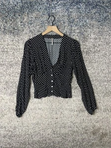 Free People Top Blouse Womens Polka Dot Love Street Black White V Neck XS - Picture 1 of 6