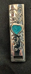 Vintage Turquoise Chip Inlay Heart Bic Slim Line Liter Metal Cover w/ Clock Case - Picture 1 of 2