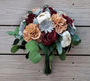 Burgundy Gray Peach Bridal Bouquet Sola Wood Hydrangea Wedding Bride Flowers - Picture 1 of 15
