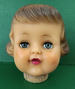 Vintage Rubber Doll Head Sculpted Hair Sleepy Eyes Rooted Lashes Wood Neck Base - Picture 1 of 16