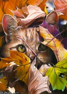 Limited Edition ACEO PRINT Cat Kitten Fall Leaves Autumn Harvest M. Mishkova - Picture 1 of 1