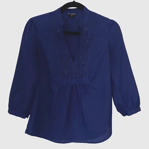 Banana Republic Lace VNeck Tie Navy Blue Long Sleeve Pullover Blouse Women's PXS - Picture 1 of 8