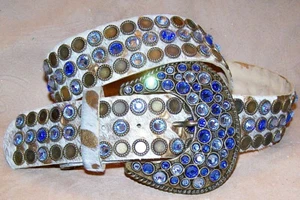 Medium M Western Gold White Cowhide Leatherock Belt Sapphire Swarovski Crystals - Picture 1 of 1