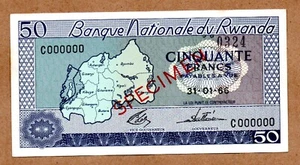 1966 SPECIMEN Rwanda 50 Francs / Amafranga ** Choice UNC ** Toned 7aS France - Picture 1 of 2