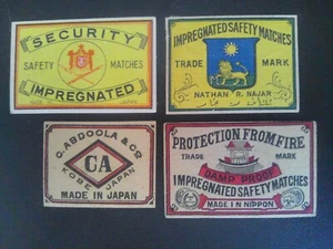 LOTE DE CUATRO (4) ETIQUETAS DE CAJA DE CERILLAS JAPÓN VINTAGE DIFERENTES *IMPREGNADAS* - Imagen 1 de 1