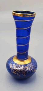 Vintage Bohemian Cobalt Blue & Gold Painted Design Trim Vase Hand Blown Elegant - Picture 1 of 7