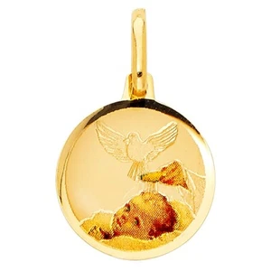 Genuine 14k Yellow Gold 0.66" Enamel Round Baptism Religious Pendant - Picture 1 of 5