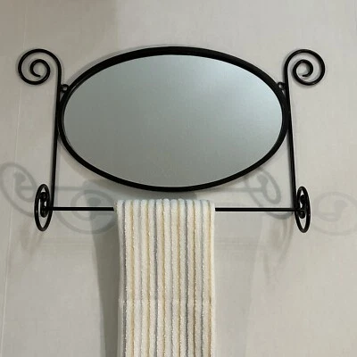 Vintage Wall Mounted Black Oval Wrought Iron Framed Mirror/Towel Rack 22" x 13" - Image 1 of 4