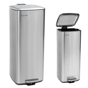 30L Square Stainless Steel Kitchen Bin, Pedal Bin with Soft-Close Lid, Silver - Picture 1 of 10