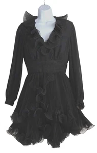 Vintage Lillie Rubin 70er 60er Chiffon Organza Rüschen Cocktailkleid schwarz 10 Travilla - Bild 1 von 19
