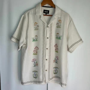 Malibu Drill Clothing Shirt Mens Large Beige Knit Mushrooms Button Short Sleeve - Picture 1 of 4