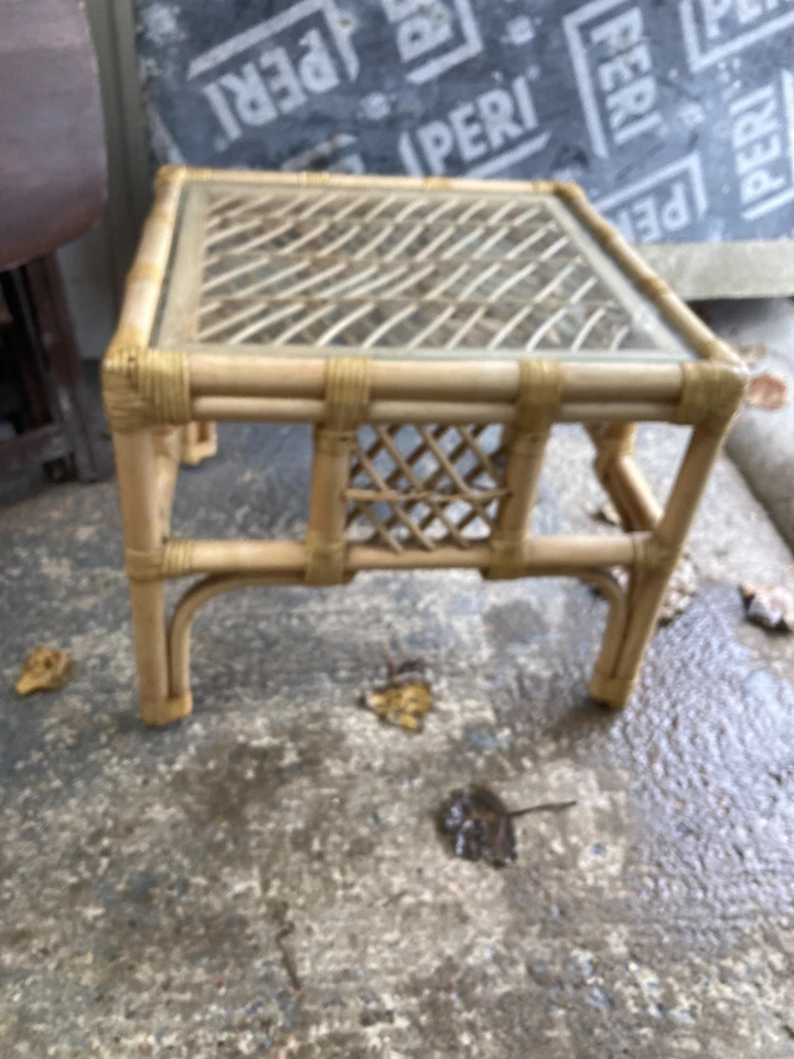 Vintage Retro Brown Bamboo Glass Top Coffee Table 51 x 51 cm x 41 cm high - Image 1 of 4