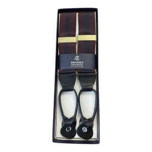Brooks Brothers Suspenders Red Maroon Navy Stripe Black Leather Gold Adj NEW - Picture 1 of 8