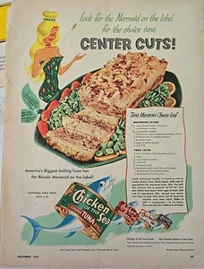  1954 Huhn des Meeres Thunfisch Makkaroni Käse Laib Rezept Meerjungfrau Vintage Anzeige  - Bild 1 von 1