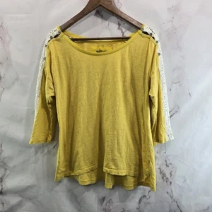 Anthropologie Shirt Womens Large Little Yellow Button Tee Crochet Lace Boho - Picture 1 of 10