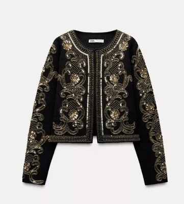 ZARA WOOL LYOCELL BLACK KNIT CARDIGAN WITH SEQUINS AND BEADS sz L 4192/139 - Image 1 of 4