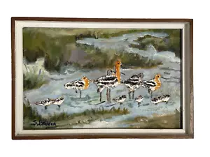 Vintage MCM Sandpiper Bird Landscape Painting signed Bruder 15x10" - Picture 1 of 8