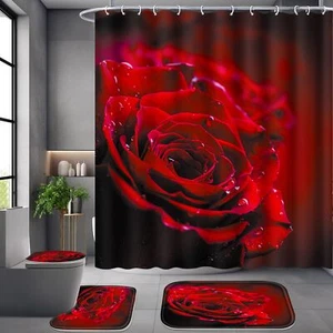 4 Pcs Shower Curtain Set, Red Rose Bathroom Set, Valentine's Day Shower Curta... - Picture 1 of 6