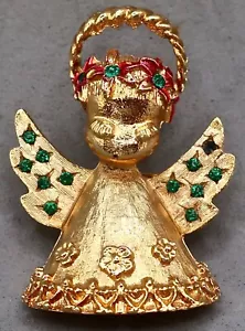 Vintage signierter Mylu Weihnachten grüner Strass Engel mit Blumen & roten Emaille Schleifen Pin - Bild 1 von 7