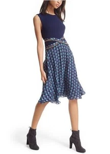 Diane Von Furstenberg Rosalie Mixed Media Fit & Flare Blue Sleeveless Dress 12 - Picture 1 of 6