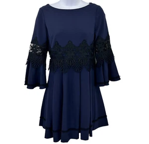 Eliza J Womens Dress Size 4P Floral Lace Accent Dark Blue Bell Sleeve - Picture 1 of 12