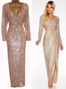 QUIZ SEQUIN SIZE 12 BEAUTIFUL ROSE GOLD EVENING PARTY PROM WEDDING MAXI DRESS - Picture 1 of 12