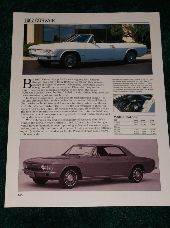 1967 CHEVY CORVAIR 500-MONZA-COUPE-CONVERTIBLE SPEC SHEET INFO PHOTO 67 - Image 1 of 1